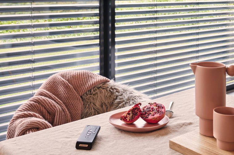 an open pomegranate on a plate with pink jug and cup and a chair with a pink jumper draped across it, against windows fitted with external venetian blinds