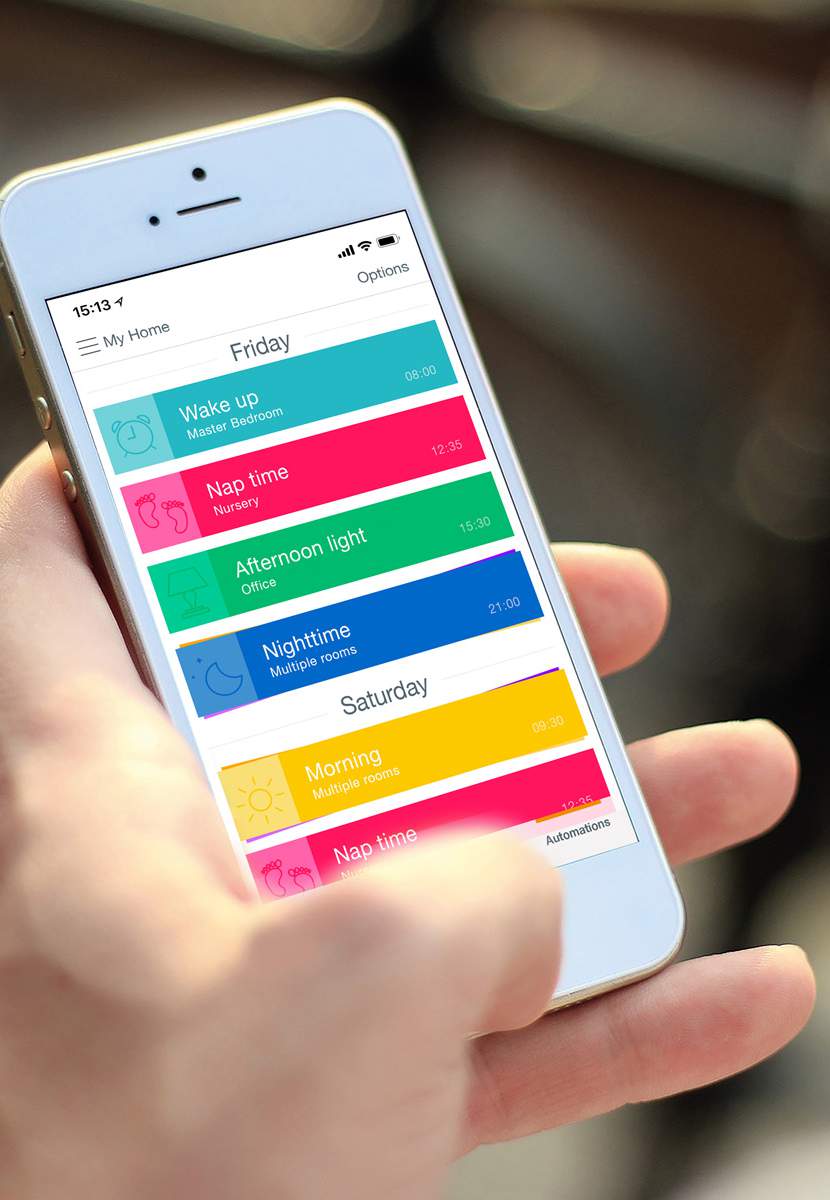 mobile phone with an app open showing Luxaflex smart home technology