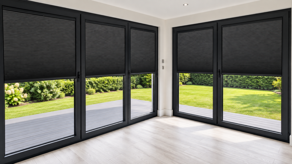 dark grey VS Slide Comfort blinds installed across a series of sliding doors that look out onto a garden